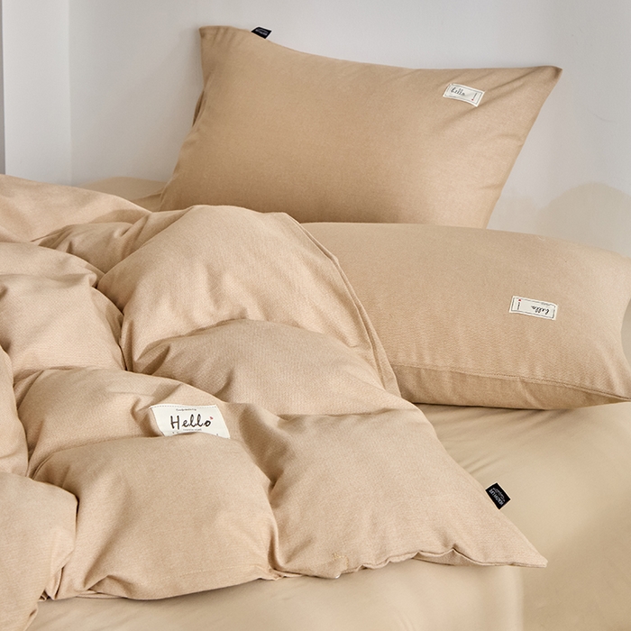 91家纺网 家纺一手货源 找家纺 贝尔 2025新款双拼全棉纯色素色色织磨毛加厚四件套 奶咖-燕麦