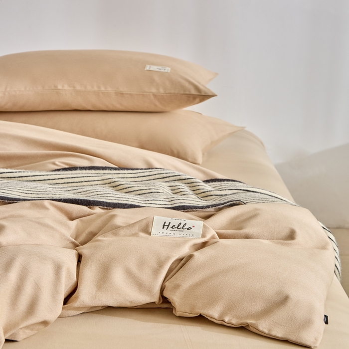 91家纺网 家纺一手货源 找家纺 贝尔 2025新款双拼全棉纯色素色色织磨毛加厚四件套 奶咖-燕麦