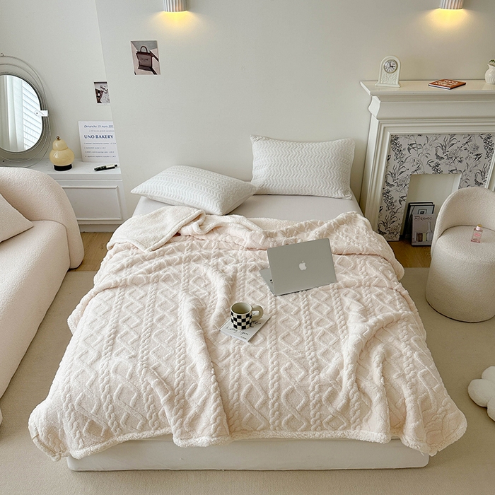 91家纺网 家纺一手货源 找家纺 梵希良品家纺 2025新款新款塔芙绒羊羔绒双层毯子加厚盖毯办公室午休沙发毯毯子 米白