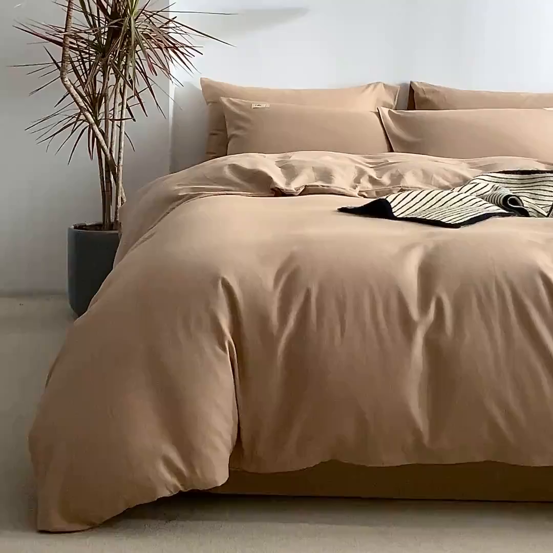 91家纺网 家纺一手货源 找家纺 贝尔 2025新款双拼全棉纯色素色色织磨毛加厚四件套 奶咖-燕麦