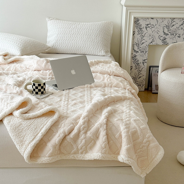 91家纺网 家纺一手货源 找家纺 梵希良品家纺 2025新款新款塔芙绒羊羔绒双层毯子加厚盖毯办公室午休沙发毯毯子 米白