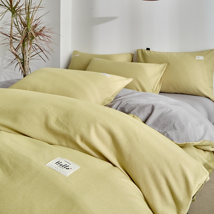 91家纺网 家纺一手货源 找家纺 贝尔 2025新款双拼全棉纯色素色色织磨毛加厚四件套 牛油果绿-山灰