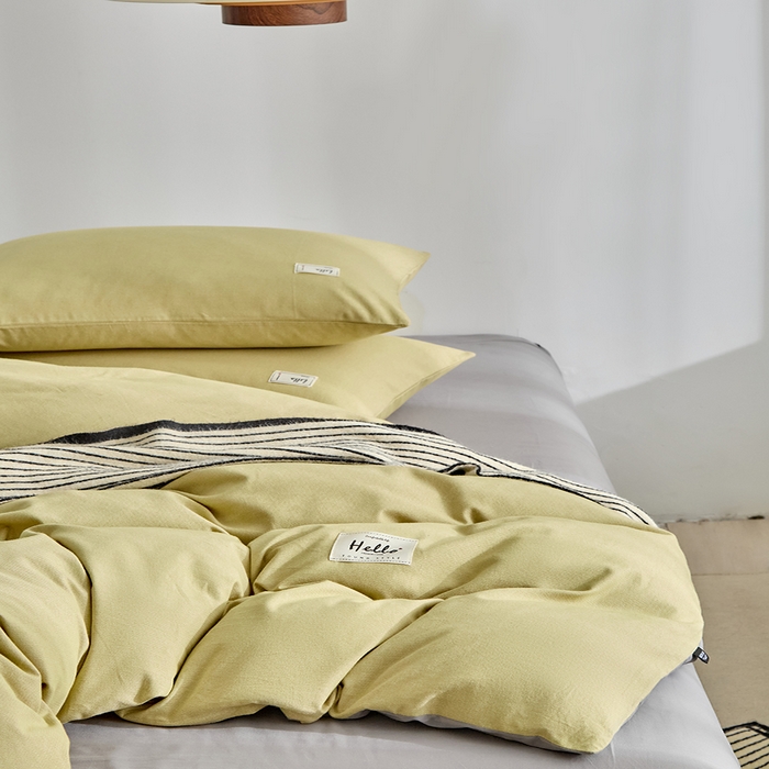 91家纺网 家纺一手货源 找家纺 贝尔 2025新款双拼全棉纯色素色色织磨毛加厚四件套 牛油果绿-山灰