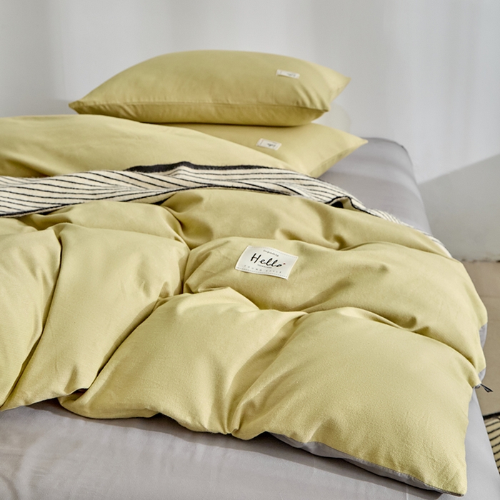 91家纺网 家纺一手货源 找家纺 贝尔 2025新款双拼全棉纯色素色色织磨毛加厚四件套 牛油果绿-山灰