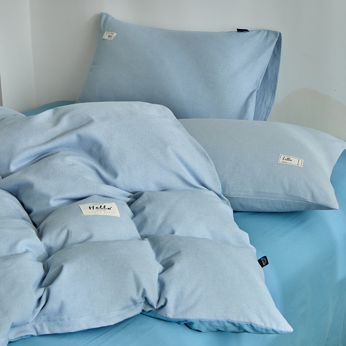 91家纺网 家纺一手货源 找家纺 贝尔 2025新款双拼全棉纯色素色色织磨毛加厚四件套 晴空蓝-兰灰