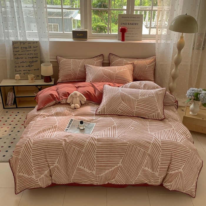 91家纺网 家纺一手货源 找家纺 如一 2025新款加厚全棉磨毛三角针四件套 简森-桔