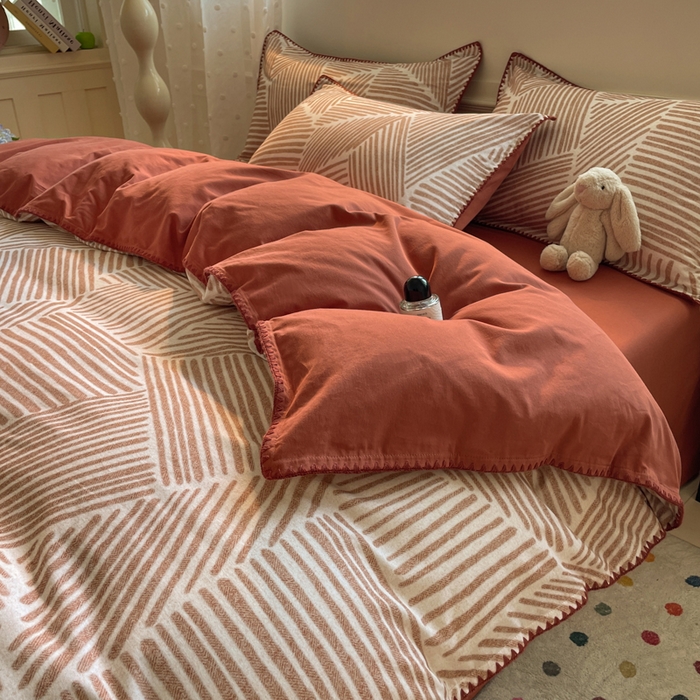 91家纺网 家纺一手货源 找家纺 如一 2025新款加厚全棉磨毛三角针四件套 简森-桔