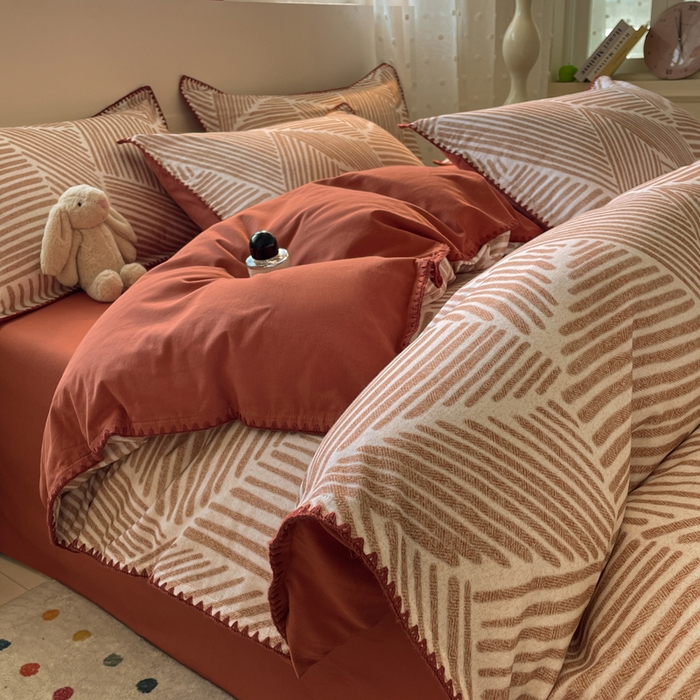 91家纺网 家纺一手货源 找家纺 如一 2025新款加厚全棉磨毛三角针四件套 简森-桔