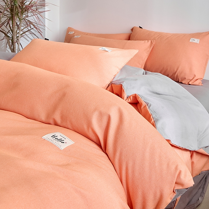 91家纺网 家纺一手货源 找家纺 贝尔 2025新款双拼全棉纯色素色色织磨毛加厚四件套 珊瑚橙-浅灰