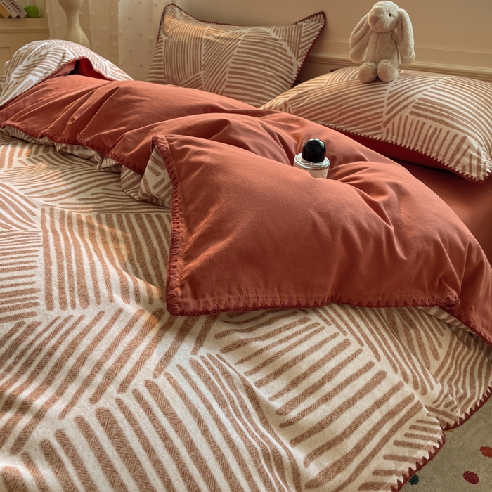 91家纺网 家纺一手货源 找家纺 如一 2025新款加厚全棉磨毛三角针四件套 简森-桔