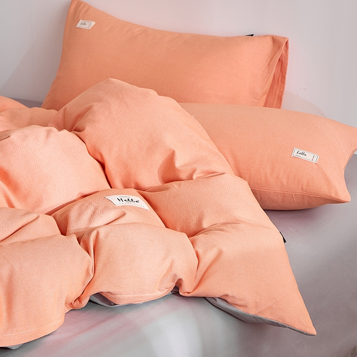 91家纺网 家纺一手货源 找家纺 贝尔 2025新款双拼全棉纯色素色色织磨毛加厚四件套 珊瑚橙-浅灰
