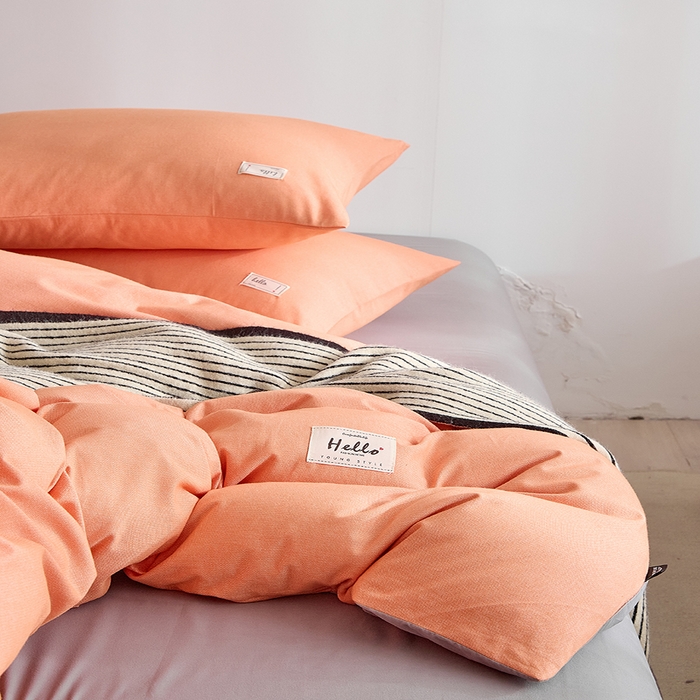91家纺网 家纺一手货源 找家纺 贝尔 2025新款双拼全棉纯色素色色织磨毛加厚四件套 珊瑚橙-浅灰