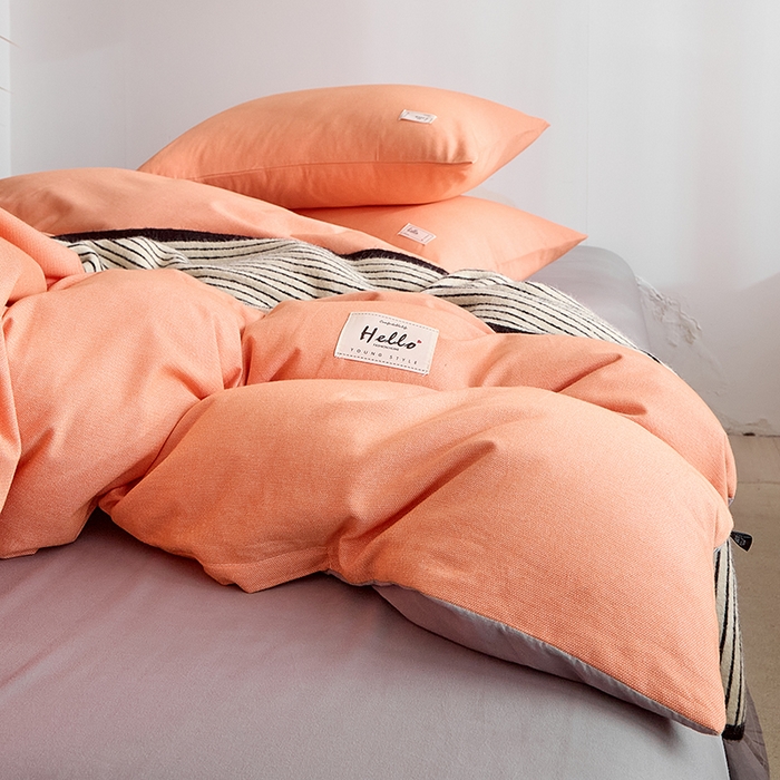 91家纺网 家纺一手货源 找家纺 贝尔 2025新款双拼全棉纯色素色色织磨毛加厚四件套 珊瑚橙-浅灰