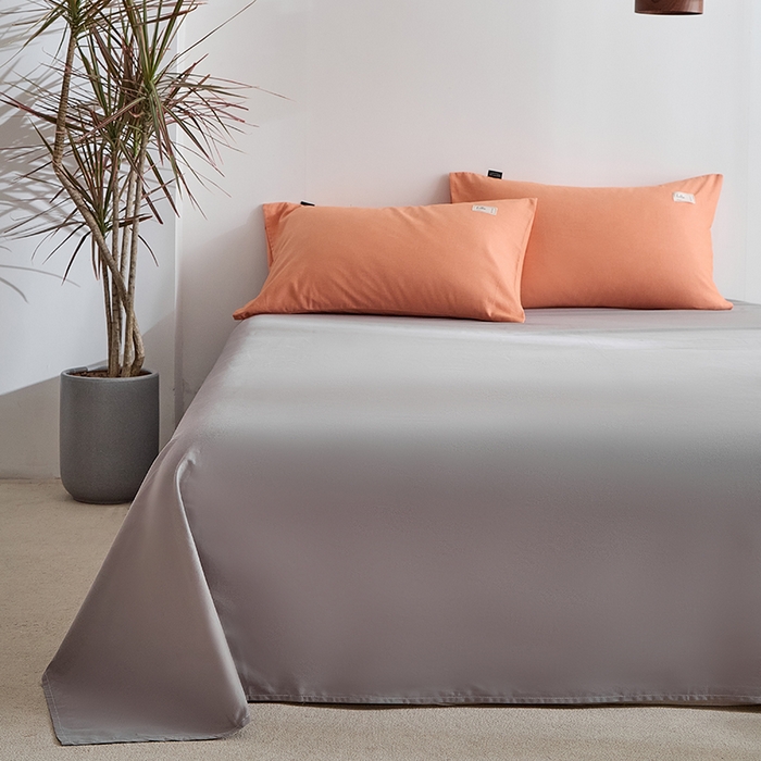 91家纺网 家纺一手货源 找家纺 贝尔 2025新款双拼全棉纯色素色色织磨毛加厚四件套 珊瑚橙-浅灰