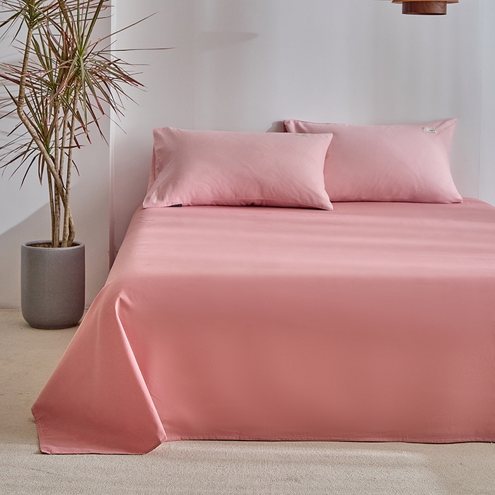 91家纺网 家纺一手货源 找家纺 贝尔 2025新款双拼全棉纯色素色色织磨毛加厚四件套 雾粉-豆沙