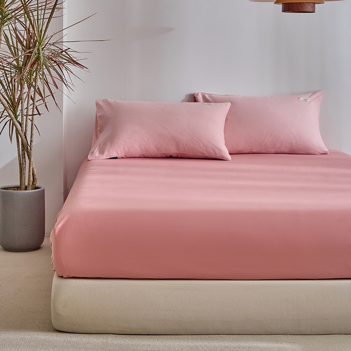 91家纺网 家纺一手货源 找家纺 贝尔 2025新款双拼全棉纯色素色色织磨毛加厚四件套 雾粉-豆沙