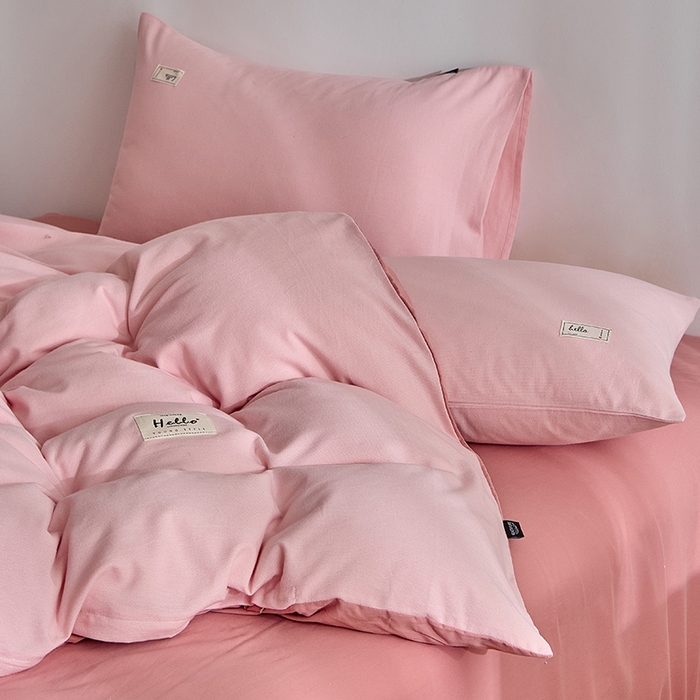 91家纺网 家纺一手货源 找家纺 贝尔 2025新款双拼全棉纯色素色色织磨毛加厚四件套 雾粉-豆沙