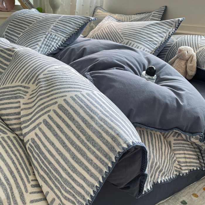 如一 2025新款加厚全棉磨毛三角针四件套 简森-蓝