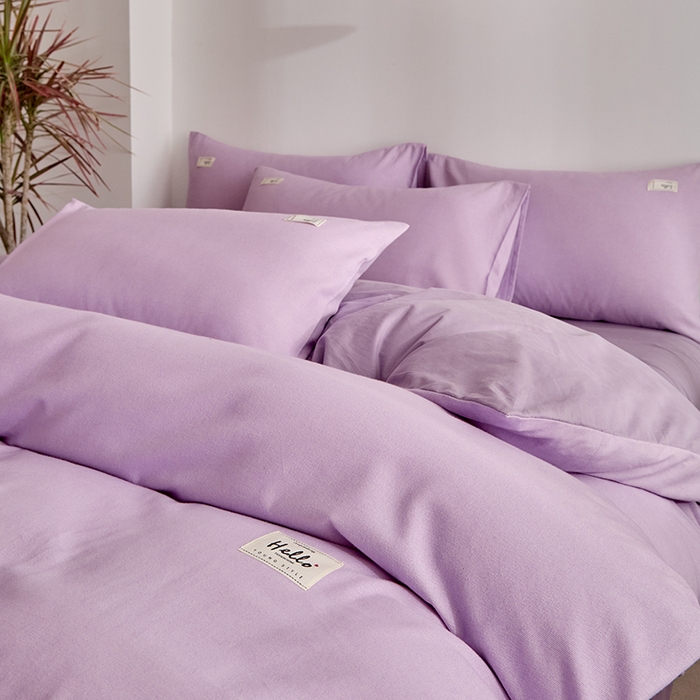 91家纺网 家纺一手货源 找家纺 贝尔 2025新款双拼全棉纯色素色色织磨毛加厚四件套 香芋紫-浅紫