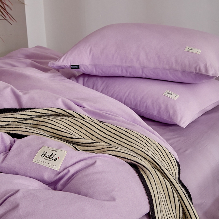 91家纺网 家纺一手货源 找家纺 贝尔 2025新款双拼全棉纯色素色色织磨毛加厚四件套 香芋紫-浅紫