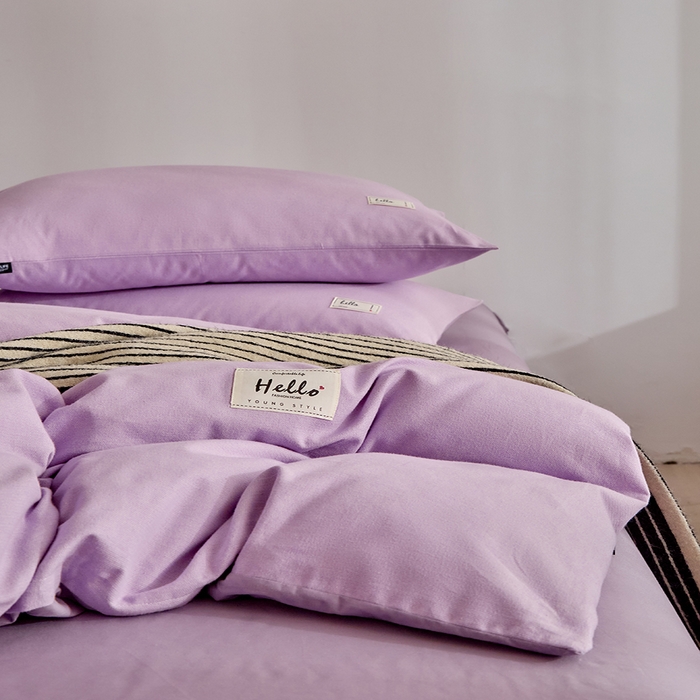 91家纺网 家纺一手货源 找家纺 贝尔 2025新款双拼全棉纯色素色色织磨毛加厚四件套 香芋紫-浅紫