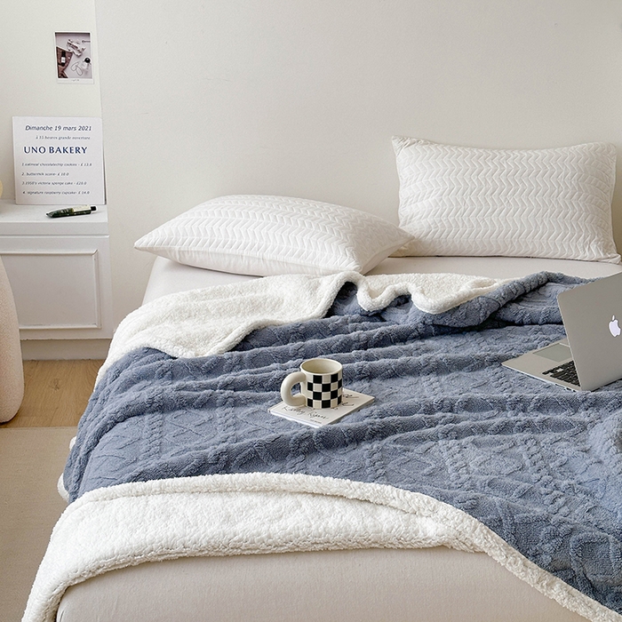 91家纺网 家纺一手货源 找家纺 梵希良品家纺 2025新款新款塔芙绒羊羔绒双层毯子加厚盖毯办公室午休沙发毯毯子 雾霾蓝