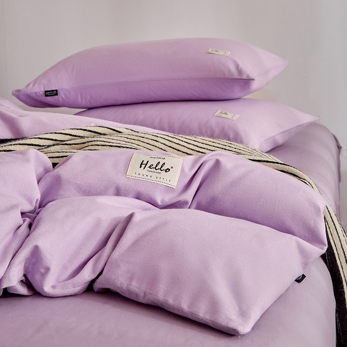 91家纺网 家纺一手货源 找家纺 贝尔 2025新款双拼全棉纯色素色色织磨毛加厚四件套 香芋紫-浅紫