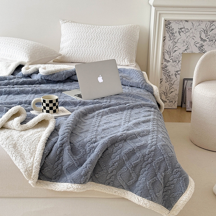 91家纺网 家纺一手货源 找家纺 梵希良品家纺 2025新款新款塔芙绒羊羔绒双层毯子加厚盖毯办公室午休沙发毯毯子 雾霾蓝