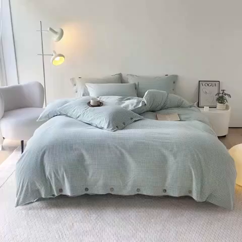 91家纺网 家纺一手货源 找家纺 （总）贝尔 PELLHOME 全棉纽扣色织水洗棉格子四件套（可抖音代发）