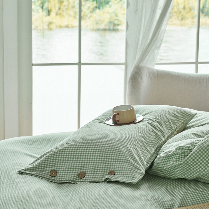 91家纺网 家纺一手货源 找家纺 （总）贝尔 PELLHOME 全棉纽扣色织水洗棉格子四件套（可抖音代发）