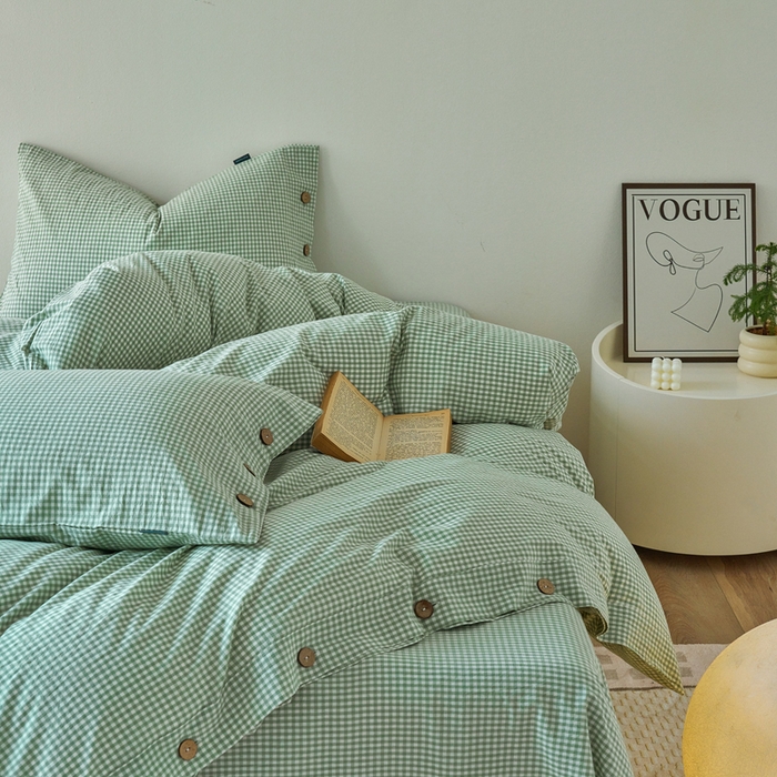 91家纺网 家纺一手货源 找家纺 （总）贝尔 PELLHOME 全棉纽扣色织水洗棉格子四件套（可抖音代发）