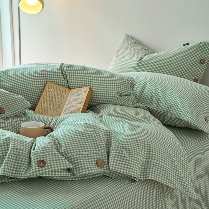 91家纺网 家纺一手货源 找家纺 （总）贝尔 PELLHOME 全棉纽扣色织水洗棉格子四件套（可抖音代发）