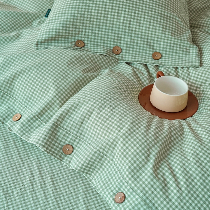 91家纺网 家纺一手货源 找家纺 （总）贝尔 PELLHOME 全棉纽扣色织水洗棉格子四件套（可抖音代发）