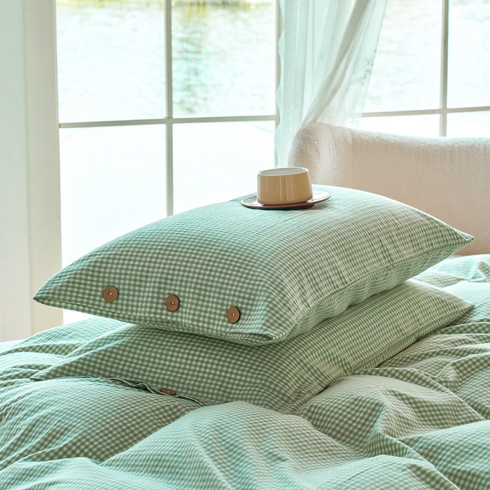 91家纺网 家纺一手货源 找家纺 （总）贝尔 PELLHOME 全棉纽扣色织水洗棉格子四件套（可抖音代发）