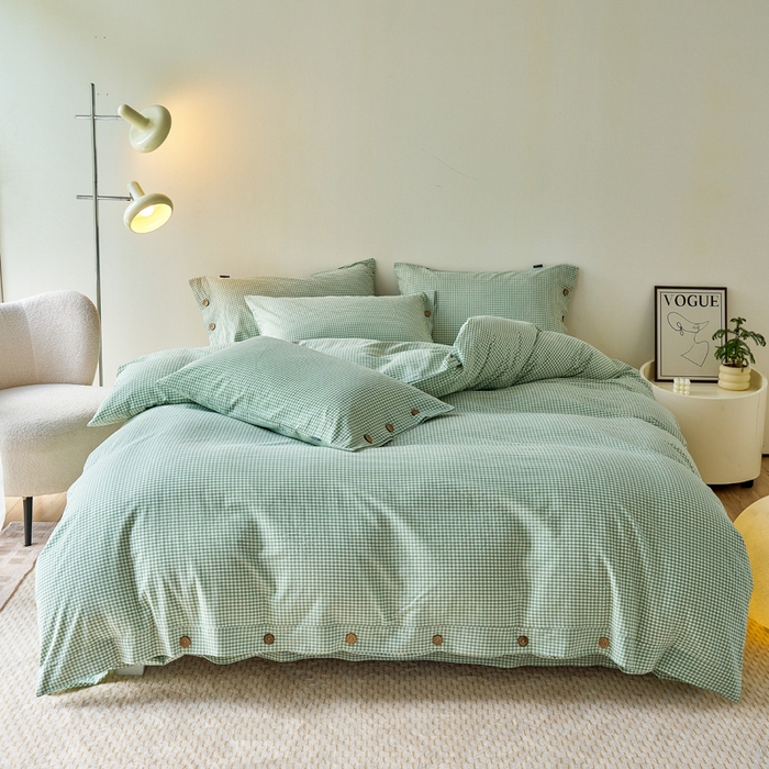 91家纺网 家纺一手货源 找家纺 （总）贝尔 PELLHOME 全棉纽扣色织水洗棉格子四件套（可抖音代发）