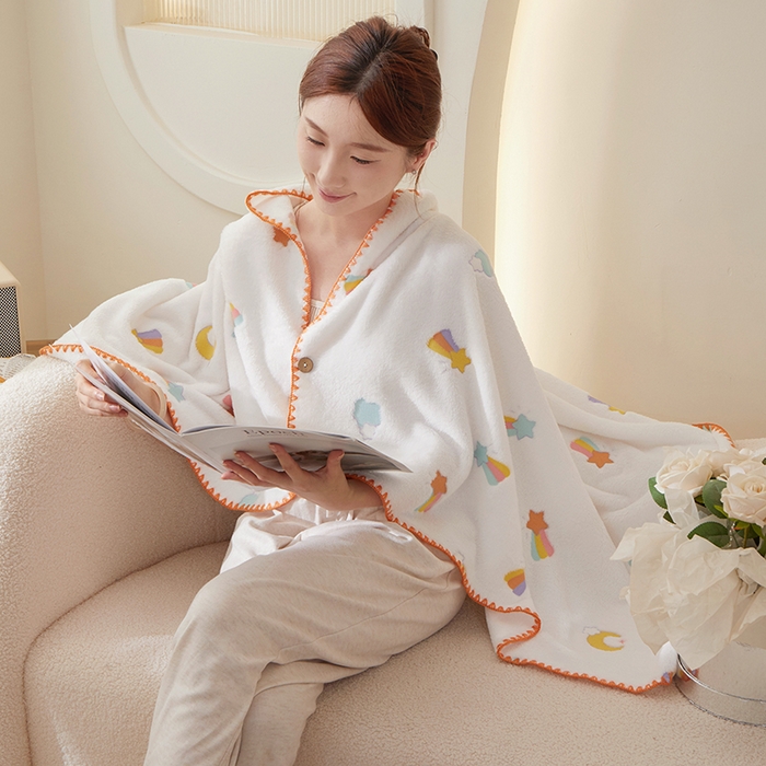 91家纺网 家纺一手货源 找家纺 楼兰公主 2025秋冬新款云朵绒披肩毯毛毯毯子多功能盖毯 彩虹白