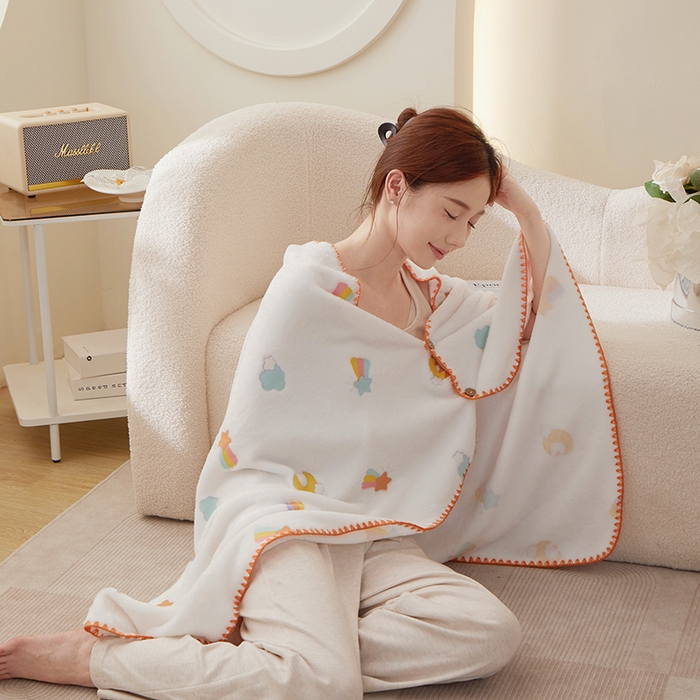 91家纺网 家纺一手货源 找家纺 楼兰公主 2025秋冬新款云朵绒披肩毯毛毯毯子多功能盖毯 彩虹白