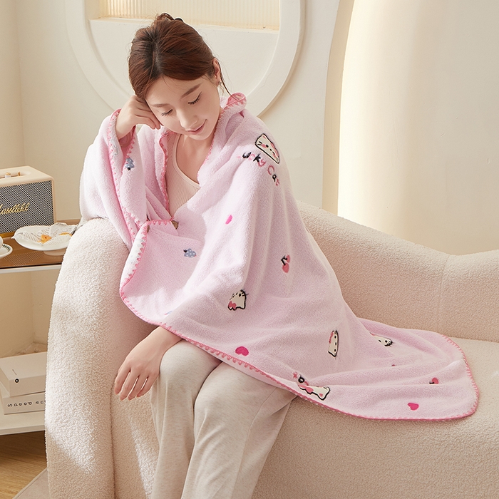 91家纺网 家纺一手货源 找家纺 楼兰公主 2025秋冬新款云朵绒披肩毯毛毯毯子多功能盖毯 粉红喵