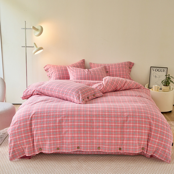 91家纺网 家纺一手货源 找家纺 （总）贝尔 PELLHOME 全棉纽扣色织水洗棉格子四件套（可抖音代发）