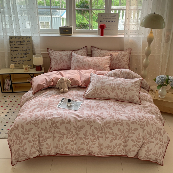 91家纺网 家纺一手货源 找家纺 如一 2025新款加厚全棉磨毛三角针四件套 叶语-粉