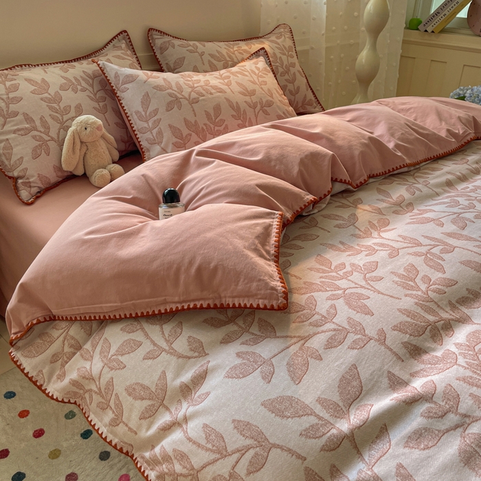 91家纺网 家纺一手货源 找家纺 如一 2025新款加厚全棉磨毛三角针四件套 叶语-粉