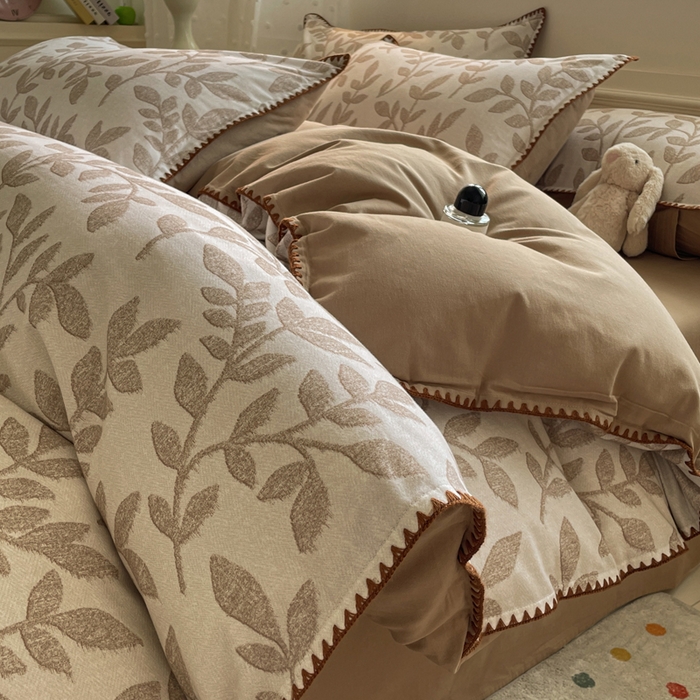 如一 2025新款加厚全棉磨毛三角针四件套 叶语-咖