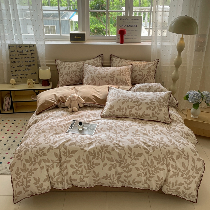 91家纺网 家纺一手货源 找家纺 如一 2025新款加厚全棉磨毛三角针四件套 叶语-咖