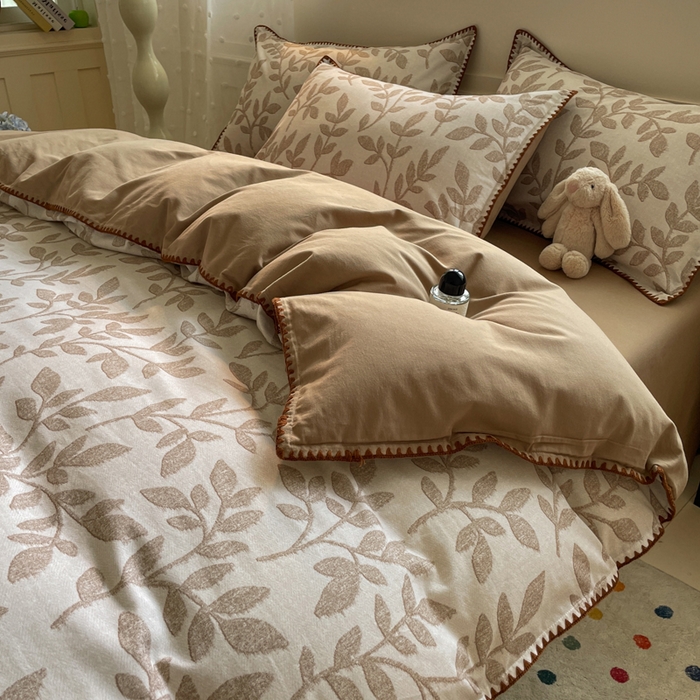 91家纺网 家纺一手货源 找家纺 如一 2025新款加厚全棉磨毛三角针四件套 叶语-咖