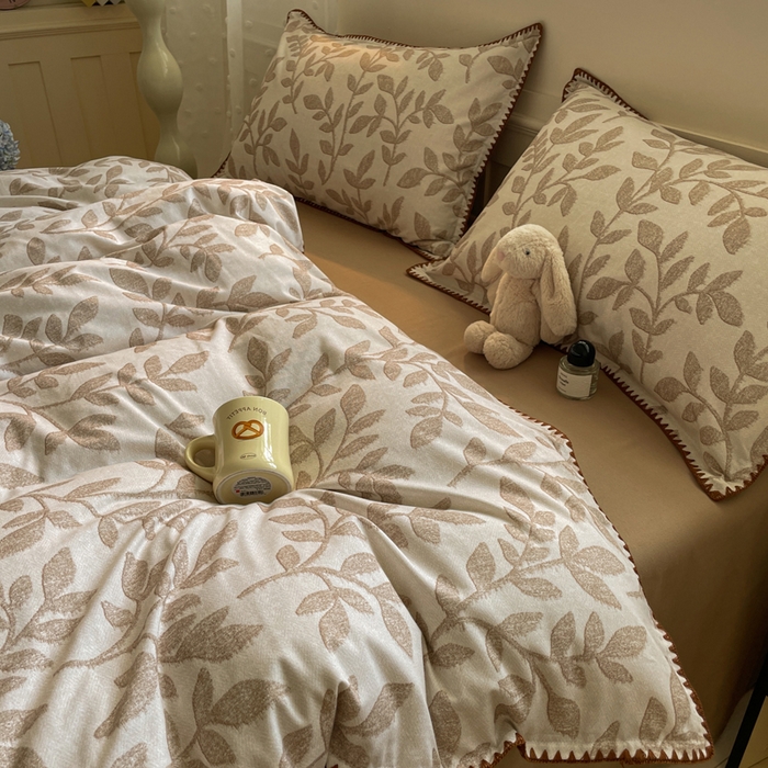 91家纺网 家纺一手货源 找家纺 如一 2025新款加厚全棉磨毛三角针四件套 叶语-咖