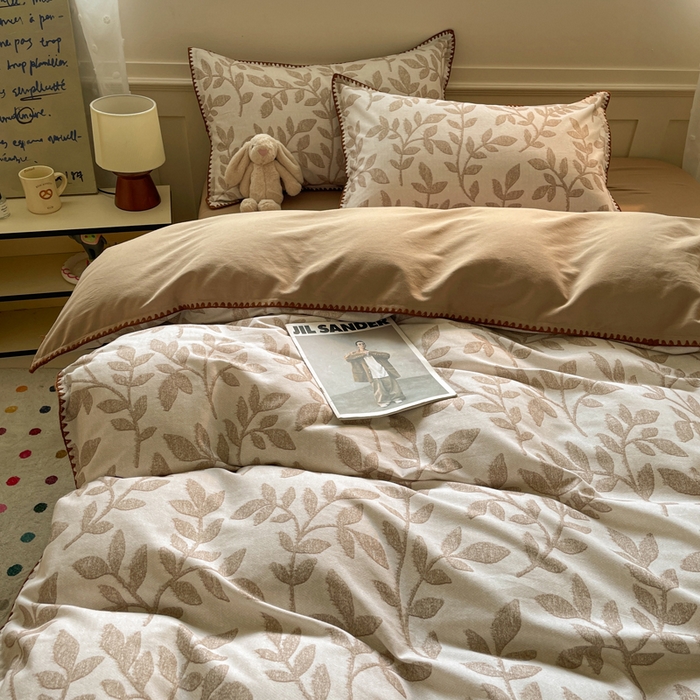 91家纺网 家纺一手货源 找家纺 如一 2025新款加厚全棉磨毛三角针四件套 叶语-咖