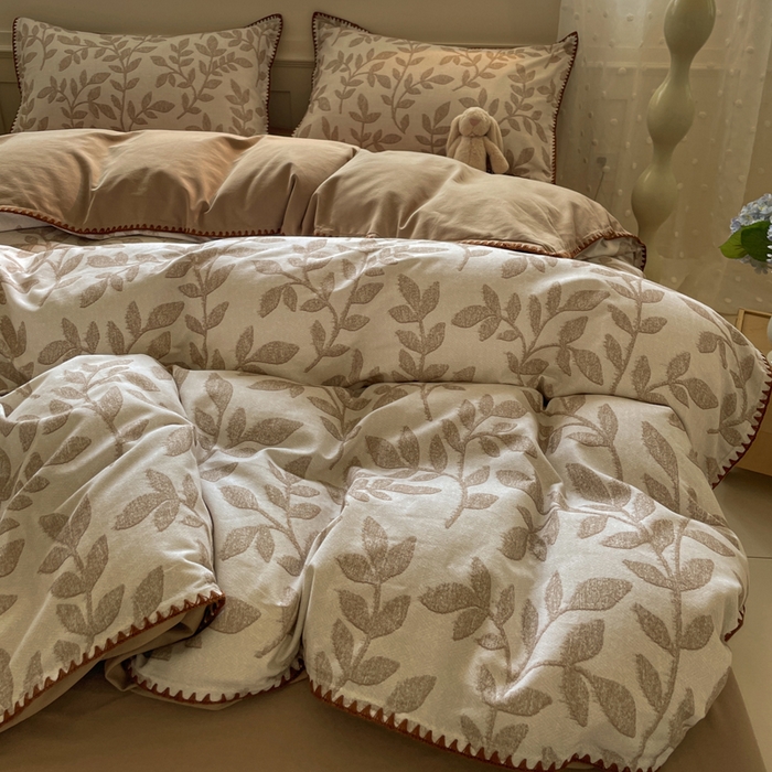 91家纺网 家纺一手货源 找家纺 如一 2025新款加厚全棉磨毛三角针四件套 叶语-咖