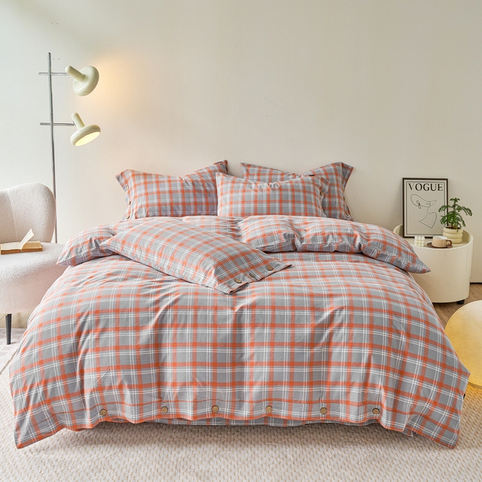91家纺网 家纺一手货源 找家纺 贝尔 PELLHOME 全棉纽扣色织水洗棉格子四件套（可抖音代发） 泊雅-桔