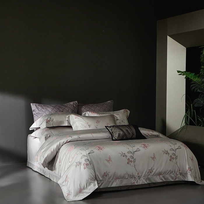 91家纺网 家纺一手货源 找家纺 时亿家居 2025新款100支天丝棉色织提花四件套 花海涧 粉