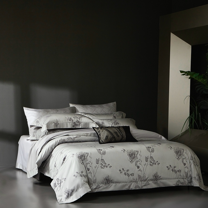 91家纺网 家纺一手货源 找家纺 时亿家居 2025新款100支天丝棉色织提花四件套 花海涧 灰